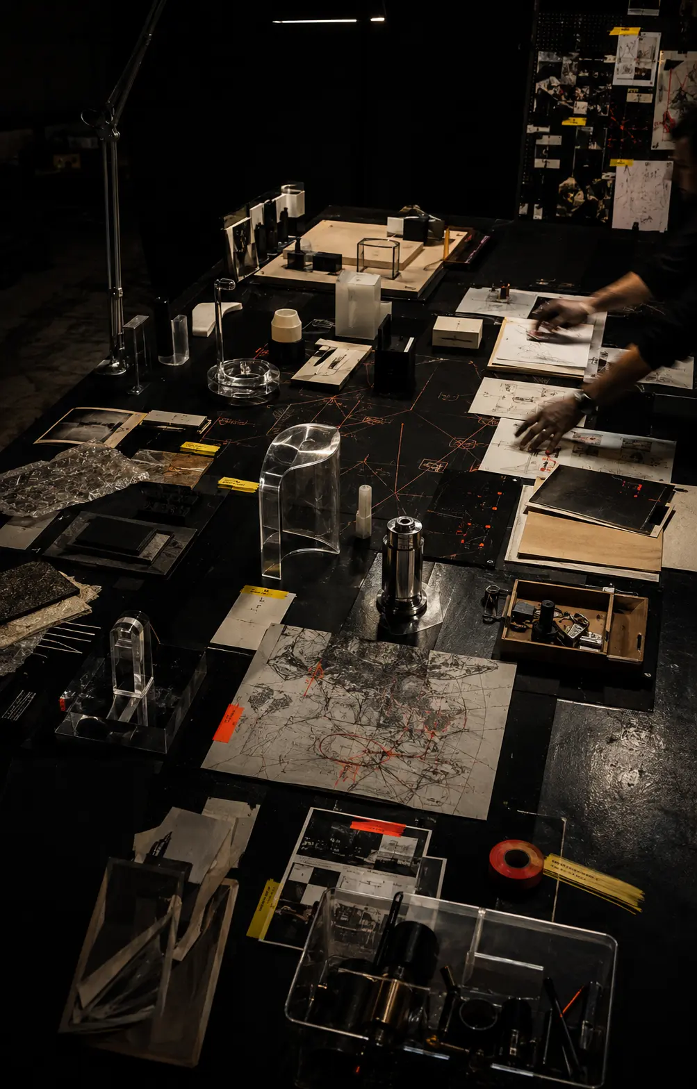 A dark venture workbench covered with prototypes, research maps, materials, and working notes