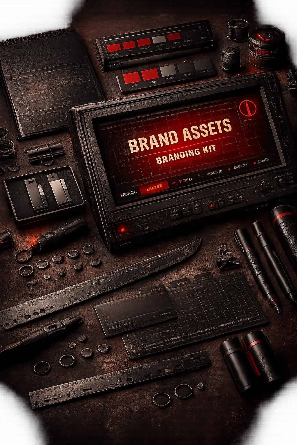 Tactical brand starter kit with a monitor displaying Brand Assets and Branding Kit.