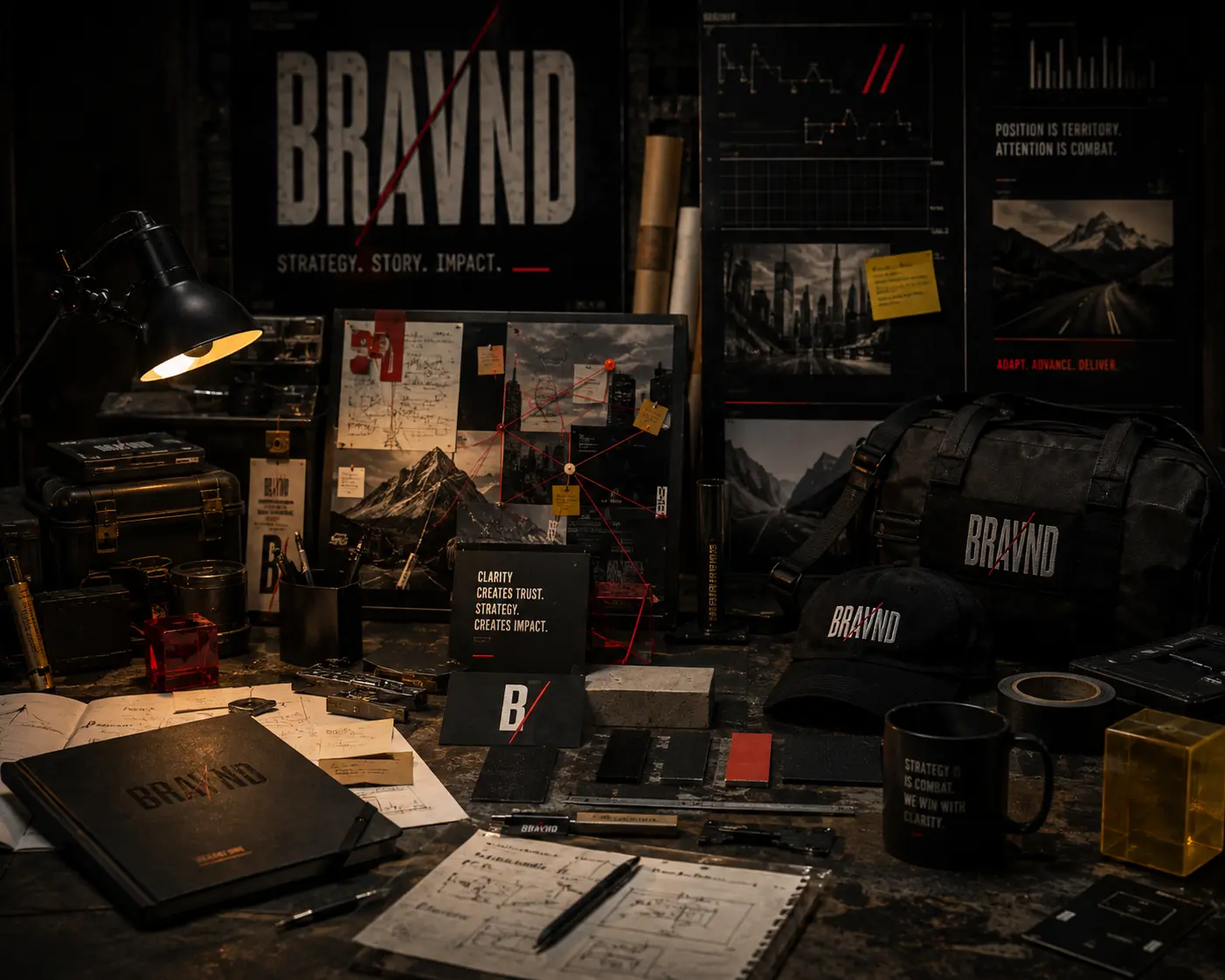 The BRAVND studio environment with research, working materials, brand artifacts, and field equipment