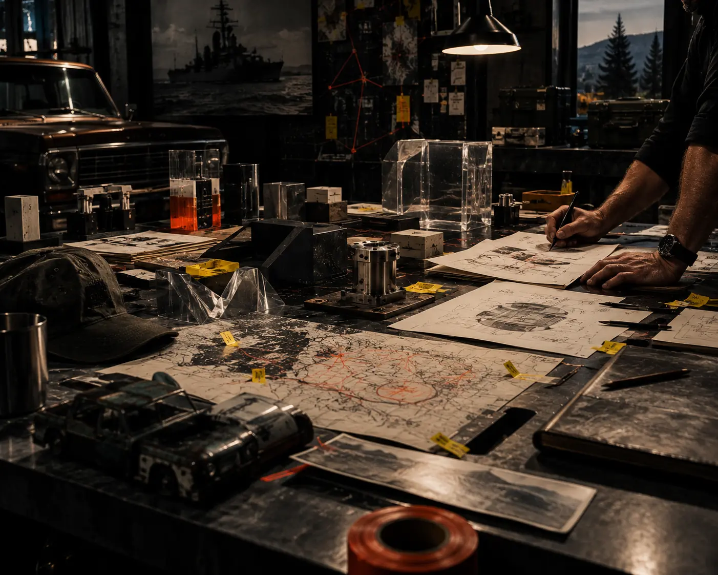 A builder developing a concept among research, prototypes, diagrams, and material experiments